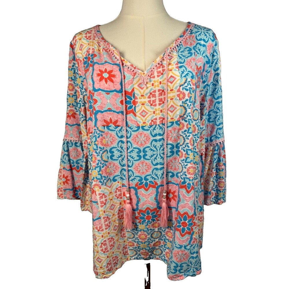 Ruby Rd Bohemian Patchwork Peasant Blouse 3/4 Sleeve Woman’s Medium